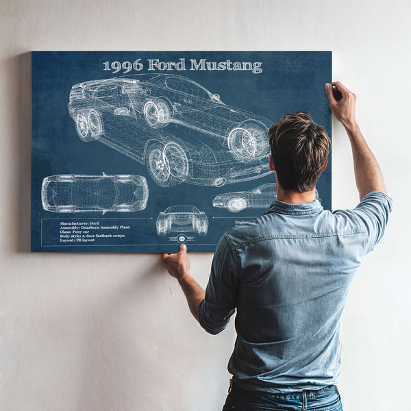 1996 Ford Mustang Coupe Blueprint Art Print framed in Vintage Black above a mid-century record console