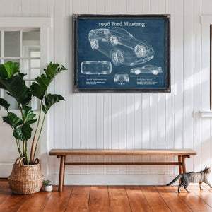 1996 Ford Mustang Coupe Blueprint Art Print framed in Vintage Black above a rustic console table