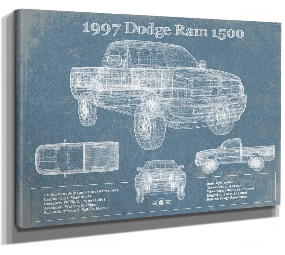 14" x 11" / Stretched Canvas Wrap Cutler West 1997 Dodge Ram 1500 Vintage Blueprint Auto Print