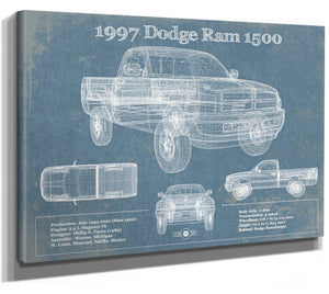 14" x 11" / Stretched Canvas Wrap Cutler West 1997 Dodge Ram 1500 Vintage Blueprint Auto Print