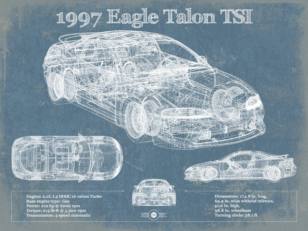 14" x 11" / Stretched Canvas Wrap Cutler West 1997 Eagle Talon TSI Vintage Blueprint Auto Print