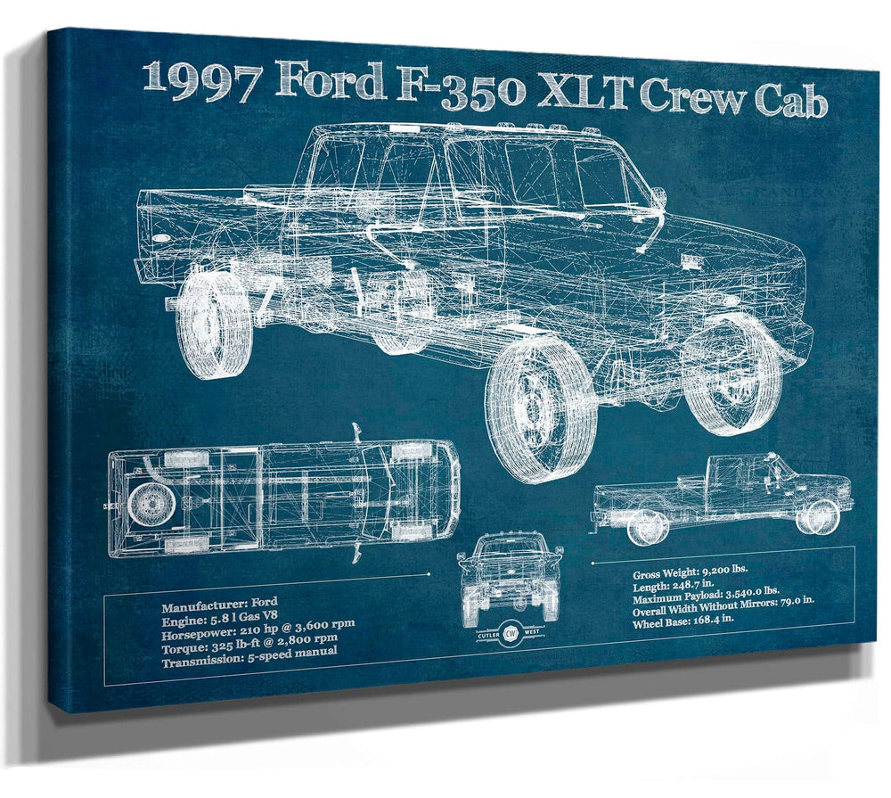 14" x 11" / Stretched Canvas Wrap Cutler West 1997 Ford F350 XLT Crew Cab Vintage Blueprint Auto Print