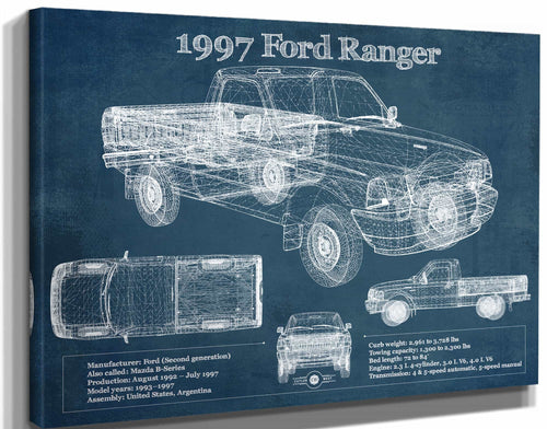 14" x 11" / Stretched Canvas Wrap Cutler West 1997 Ford Ranger Blueprint Vintage Auto Print