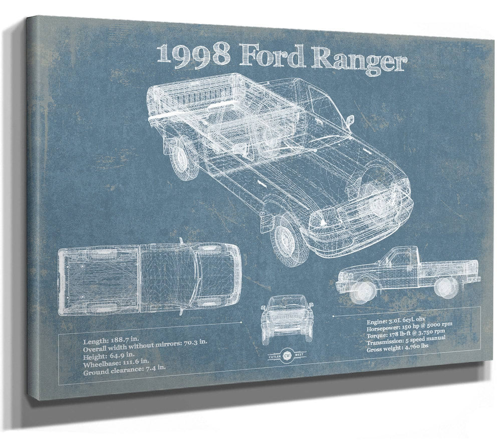 14" x 11" / Stretched Canvas Wrap Cutler West 1998 Ford Ranger Blueprint Vintage Auto Print
