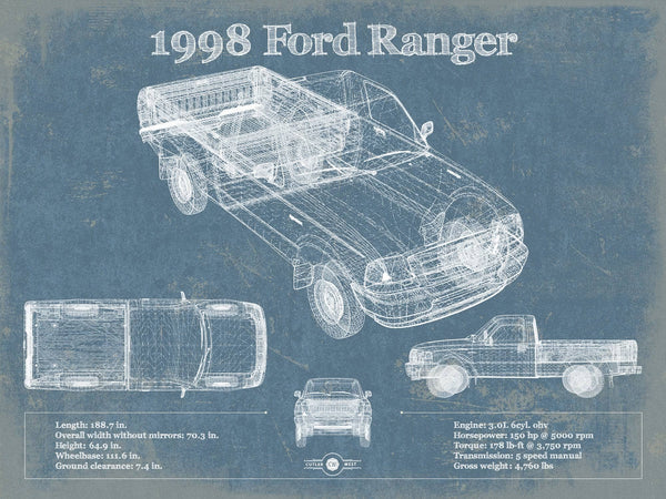 14" x 11" / Unframed Cutler West 1998 Ford Ranger Blueprint Vintage Auto Print