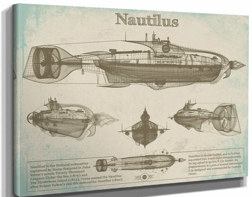 14" x 11" / Stretched Canvas Wrap Cutler West 20,000 Leagues Under the Sea Nautilus Submarine Jules Vernon Blueprint