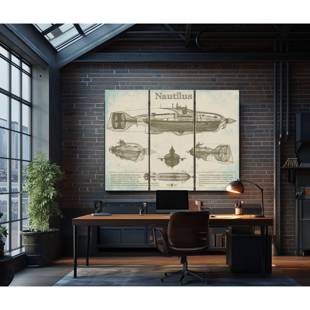 20,000 Leagues Under the Sea Nautilus Submarine Jules Vernon Pr in a distressed Vintage Black wood frame with ornate corners…