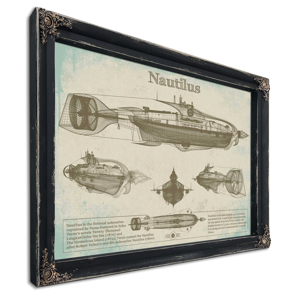 20,000 Leagues Under the Sea Nautilus Submarine Jules Vernon Pr in a distressed Vintage Black wood frame with ornate corners…