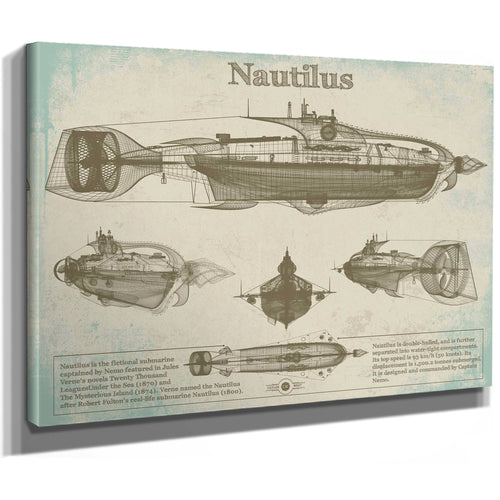 20,000 Leagues Under the Sea Nautilus Submarine Jules Vernon Print as a stretched canvas wrap with gallery wrapped edges