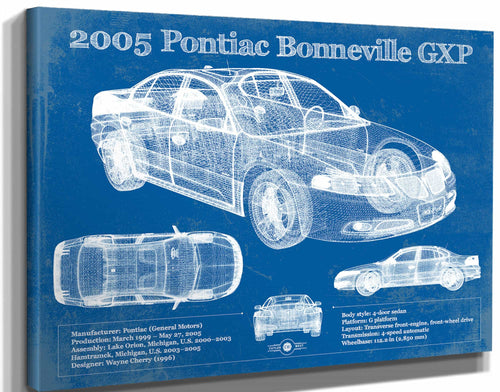 14" x 11" / Stretched Canvas Wrap Cutler West 2000 - 2005 Pontiac Bonneville GXP Blueprint Vintage Auto Print