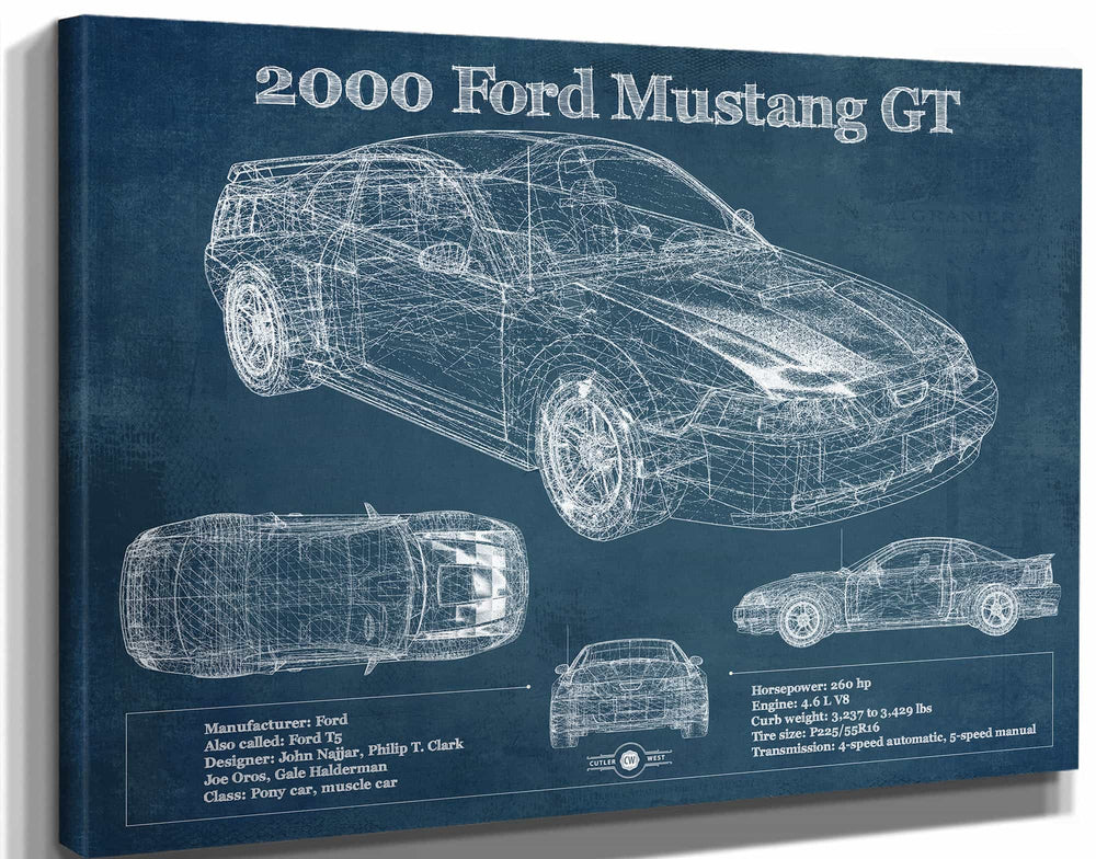 14" x 11" / Stretched Canvas Wrap Cutler West 2000 Ford Mustang GT Original Blueprint Art