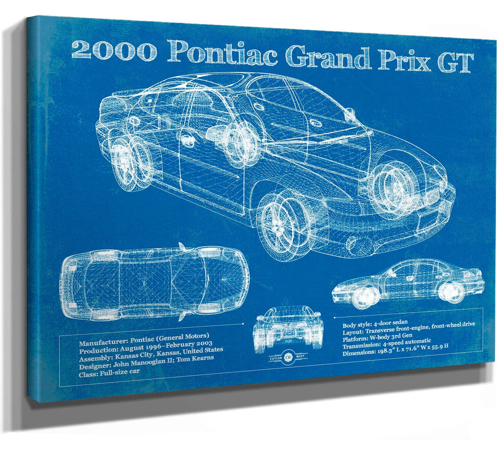 14" x 11" / Stretched Canvas Wrap Cutler West 2000 Pontiac Grand Prix GT Vintage Blueprint Auto Print