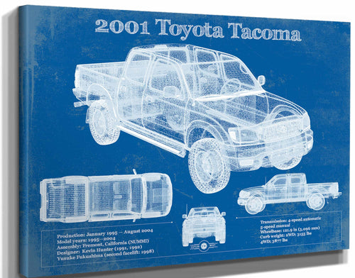 14" x 11" / Stretched Canvas Wrap Cutler West 2001 Toyota Tacoma Double Cab Limited Vintage Blueprint Auto Print