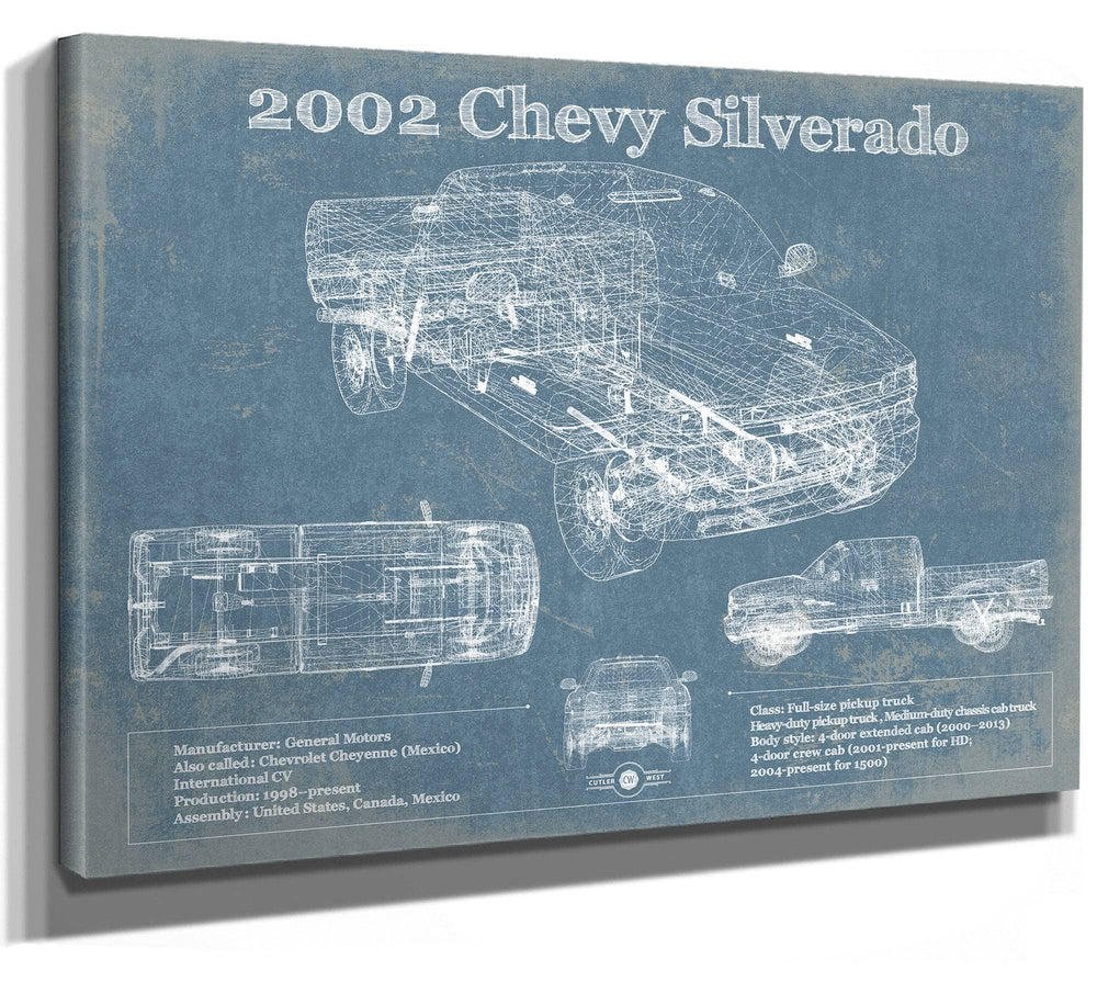 14" x 11" / Stretched Canvas Wrap Cutler West 2002 Chevy Silverado Vintage Blueprint Auto Print