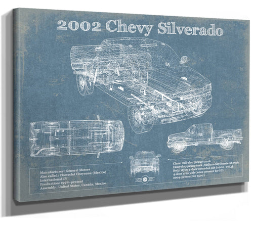 14" x 11" / Stretched Canvas Wrap Cutler West 2002 Chevy Silverado Vintage Blueprint Auto Print