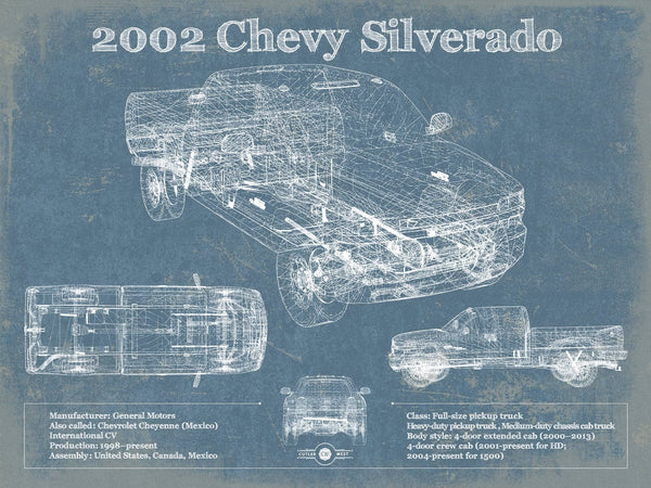 14" x 11" / Unframed Cutler West 2002 Chevy Silverado Vintage Blueprint Auto Print