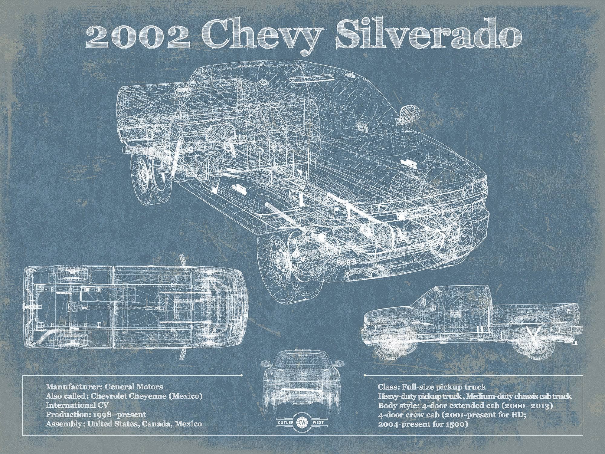 14" x 11" / Unframed Cutler West 2002 Chevy Silverado Vintage Blueprint Auto Print