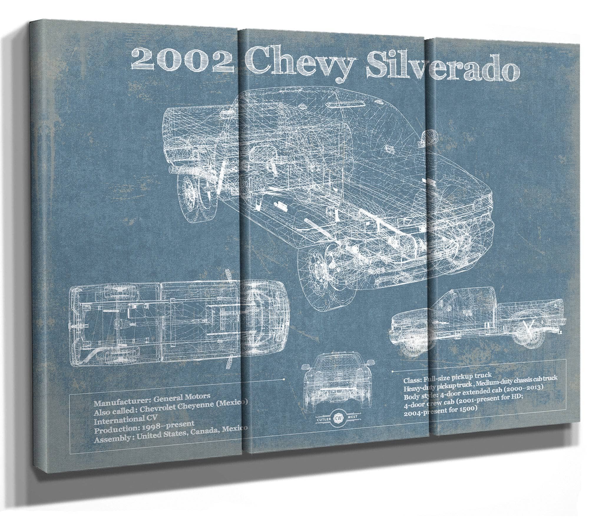 36" x 24" / 3 Panel Canvas Wrap Cutler West 2002 Chevy Silverado Vintage Blueprint Auto Print