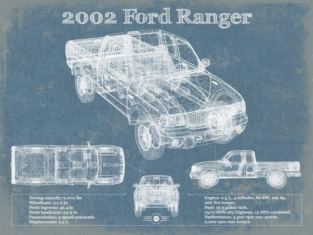 14" x 11" / Stretched Canvas Wrap Cutler West 2002 Ford Ranger Vintage Blueprint Auto Print