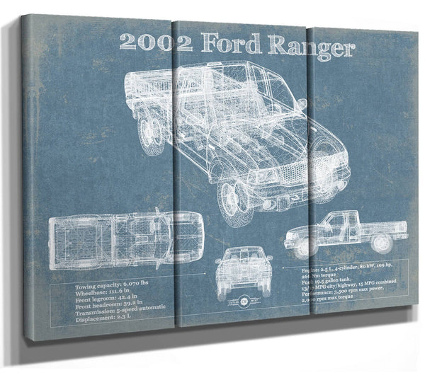 36" x 24" / 3 Panel Canvas Wrap Cutler West 2002 Ford Ranger Vintage Blueprint Auto Print
