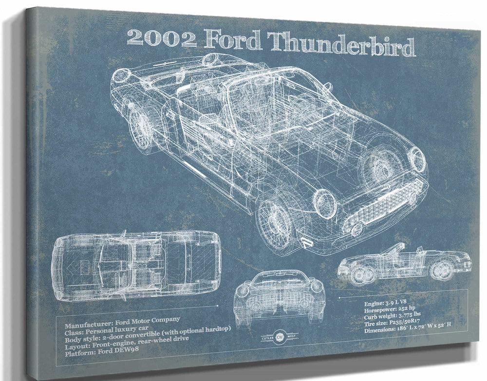 14" x 11" / Stretched Canvas Wrap Cutler West 2002 Ford Thunderbird Original Blueprint Art