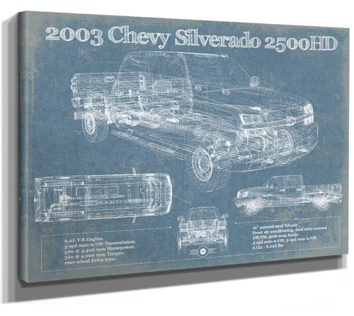 14" x 11" / Stretched Canvas Wrap Cutler West 2003 Chevrolet Silverado 2500HD Vintage Blueprint Auto Print