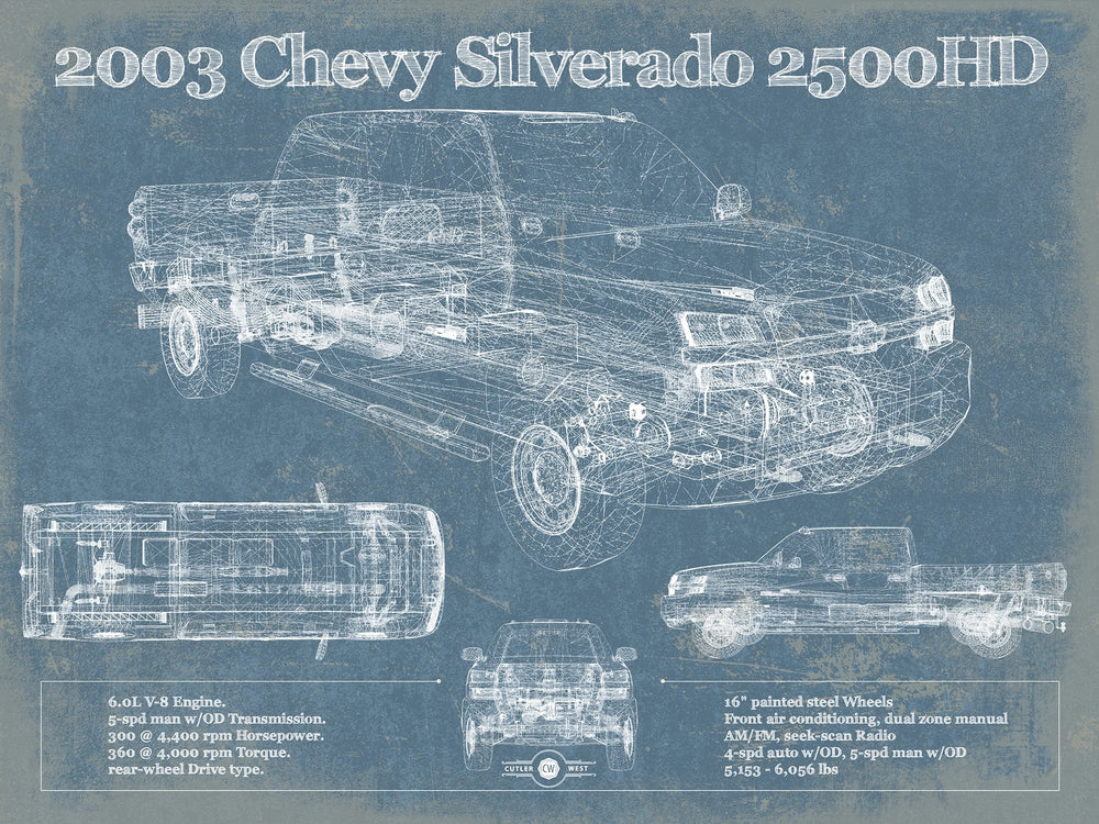 14" x 11" / Stretched Canvas Wrap Cutler West 2003 Chevrolet Silverado 2500HD Vintage Blueprint Auto Print