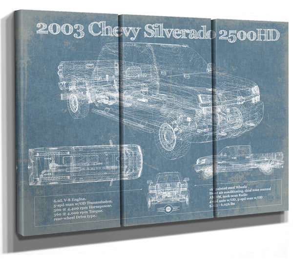 36" x 24" / 3 Panel Canvas Wrap Cutler West 2003 Chevrolet Silverado 2500HD Vintage Blueprint Auto Print