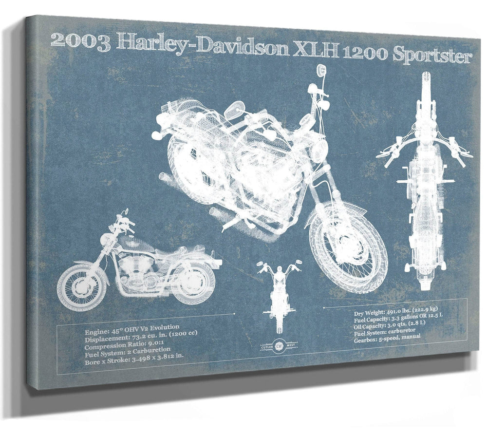 14" x 11" / Stretched Canvas Wrap Cutler West 2003 Harley-Davidson XLH 1200 Sportster Blueprint Motorcycle Patent Print