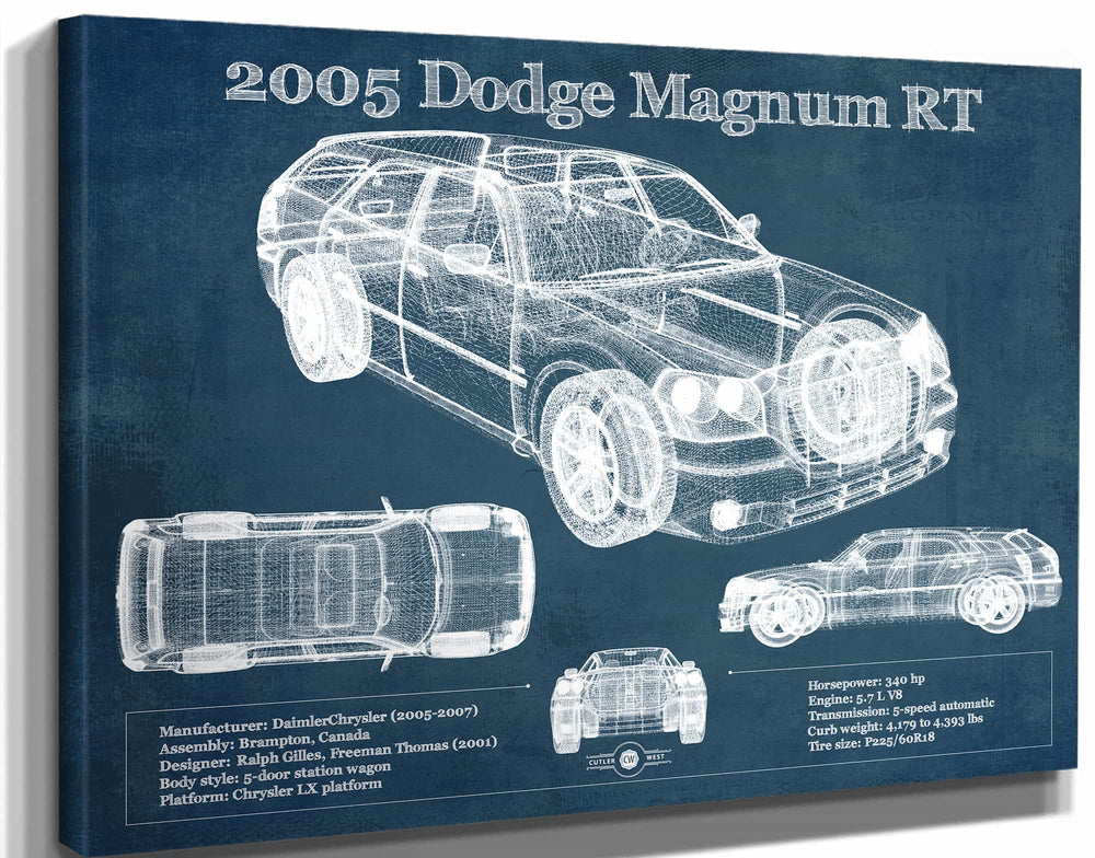 14" x 11" / Stretched Canvas Wrap Cutler West 2005 Dodge Magnum RT Vintage Blueprint Auto Print