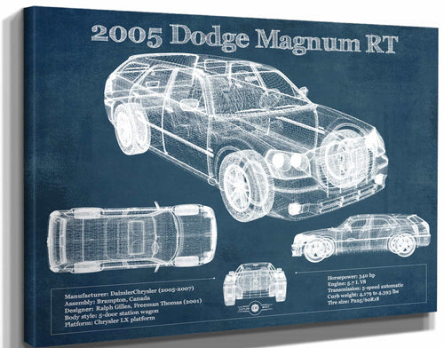 14" x 11" / Stretched Canvas Wrap Cutler West 2005 Dodge Magnum RT Vintage Blueprint Auto Print