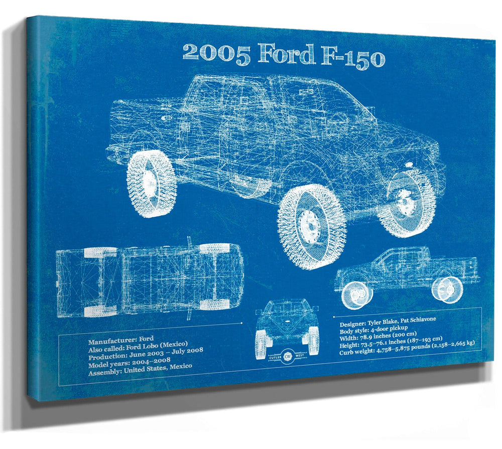 14" x 11" / Stretched Canvas Wrap Cutler West 2005 Ford F-150 Vintage Blueprint Auto Print