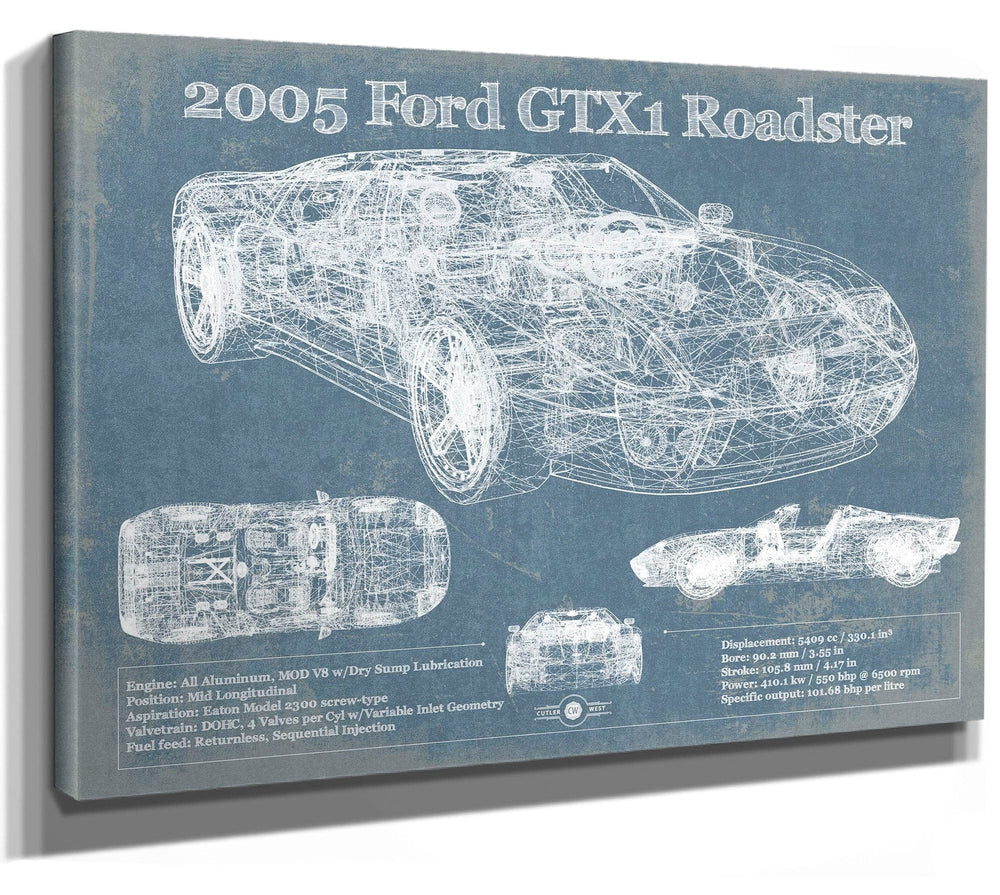 14" x 11" / Stretched Canvas Wrap Cutler West 2005 Ford GTX1 Roadster Vintage Blueprint Auto Print