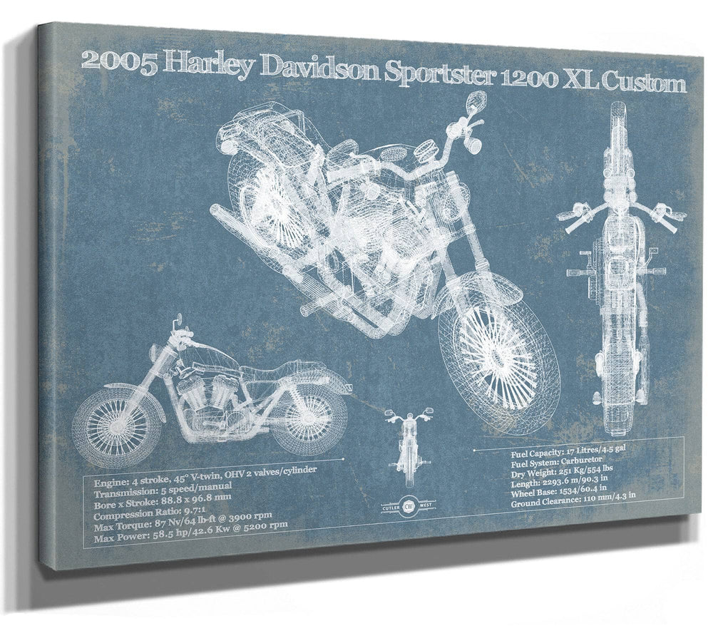 14" x 11" / Stretched Canvas Wrap Cutler West 2005 Harley Davidson Sportster 1200 XL Custom Blueprint Motorcycle Patent Print