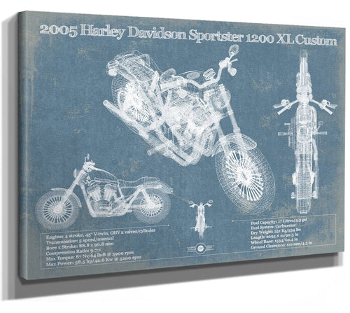 14" x 11" / Stretched Canvas Wrap Cutler West 2005 Harley Davidson Sportster 1200 XL Custom Blueprint Motorcycle Patent Print