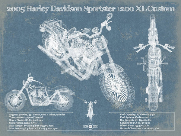 14" x 11" / Unframed Cutler West 2005 Harley Davidson Sportster 1200 XL Custom Blueprint Motorcycle Patent Print