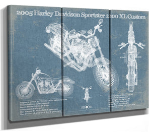 36" x 24" / 3 Panel Canvas Wrap Cutler West 2005 Harley Davidson Sportster 1200 XL Custom Blueprint Motorcycle Patent Print