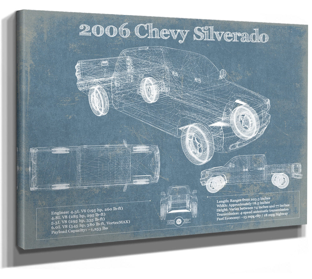 14" x 11" / Stretched Canvas Wrap Cutler West 2006 Chevrolet Silverado Vintage Blueprint Auto Print