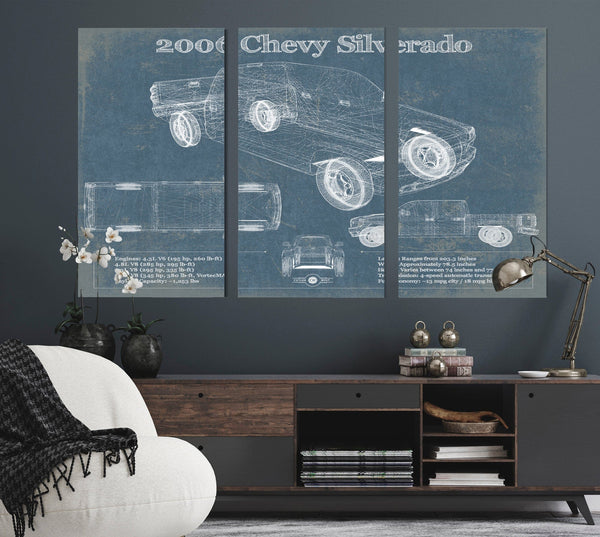 36" x 24" / 3 Panel Canvas Wrap Cutler West 2006 Chevrolet Silverado Vintage Blueprint Auto Print