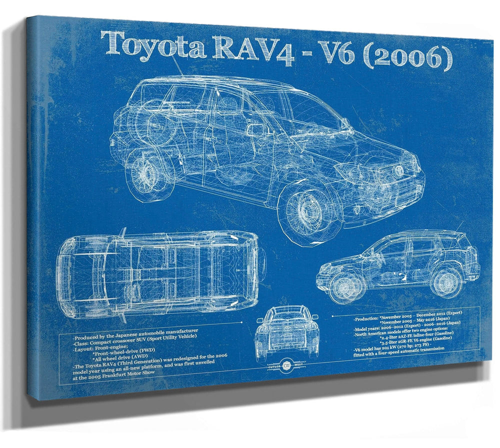 14" x 11" / Stretched Canvas Wrap Cutler West 2006 Toyota RAV4 Vintage Blueprint Auto Print