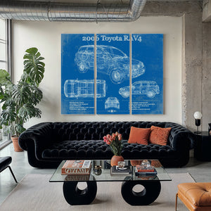 2006 Toyota Rav4 Blueprint Art Print as a 3 panel canvas wrap in a modern living room