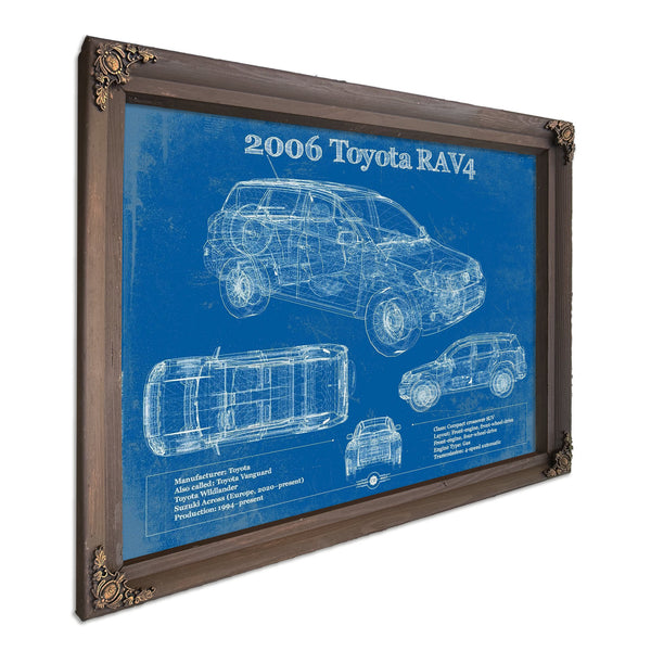 2006 Toyota Rav4 Blueprint Art Print in a Bourbon stained wood frame with antique gold corners