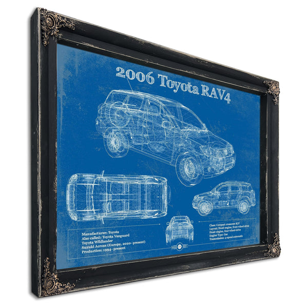 2006 Toyota Rav4 Blueprint Art Print in a distressed Vintage Black wood frame with ornate corners