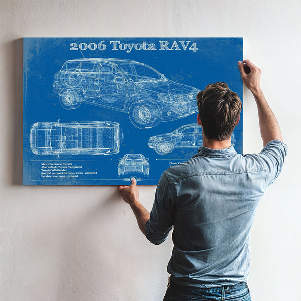 2006 Toyota Rav4 Blueprint Art Print framed in Vintage Black above a mid-century record console