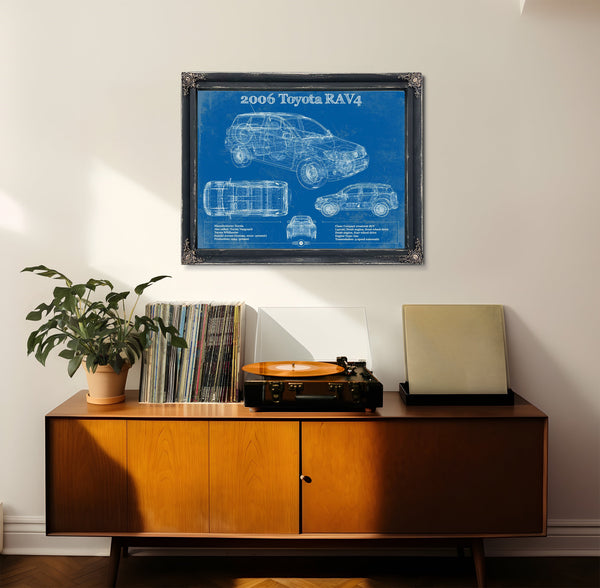 2006 Toyota Rav4 Blueprint Art Print framed in Vintage Black in a loft bedroom