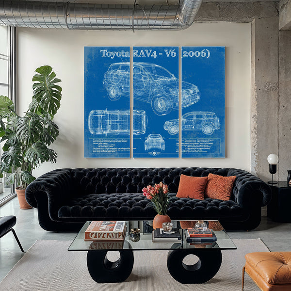 2006 Toyota RAV4 Blueprint Art Print as a 3 panel canvas wrap in a modern living room