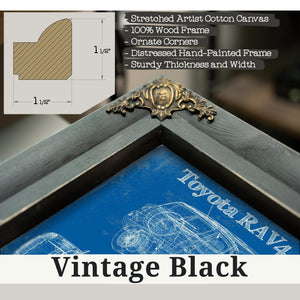 Vintage Black frame corner detail, 1.5 inch ornate wood moulding, 2006 Toyota RAV4 Blueprint Art Print