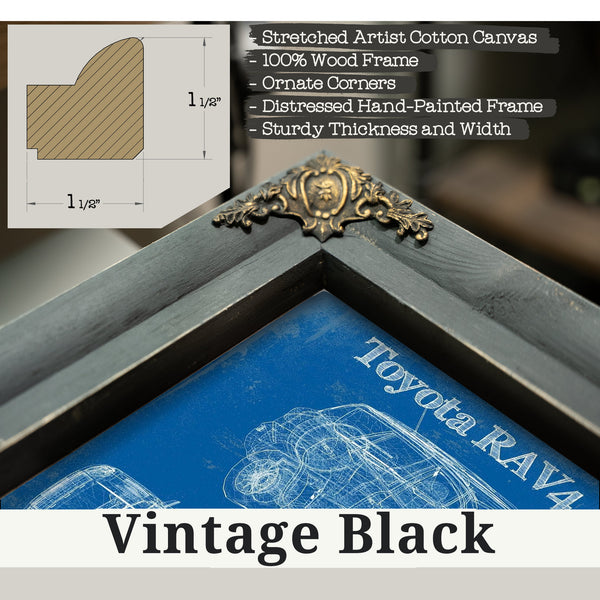 Vintage Black frame corner detail, 1.5 inch ornate wood moulding, 2006 Toyota RAV4 Blueprint Art Print