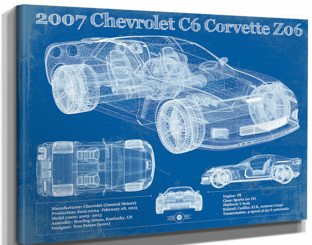 14" x 11" / Stretched Canvas Wrap Cutler West 2007 Chevrolet C6 Corvette Z06 Blueprint Vintage Auto Print