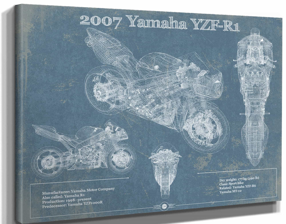 14" x 11" / Stretched Canvas Wrap Cutler West 2007 Yamaha YZF-R1 Blueprint Motorcycle Patent Print